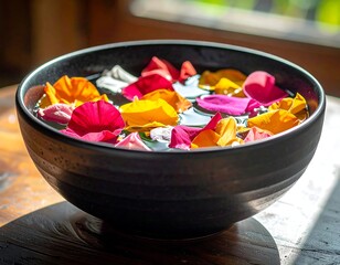 Colorful rose petals in a bowl of water