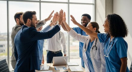 Healthcare Team Celebration Diverse Doctors and Staff High-Fiving in Hospital Office, Showcasing Collaboration and Success