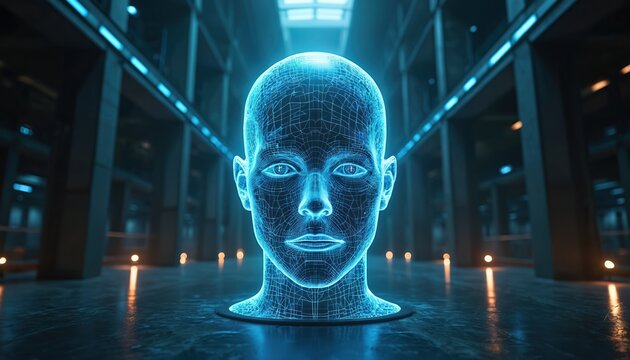 Futuristic holographic human face rendered in blue wireframe. Semitransparent digital interface with abstract graphic design. Dark, mysterious background with light accents. Science fiction concept.