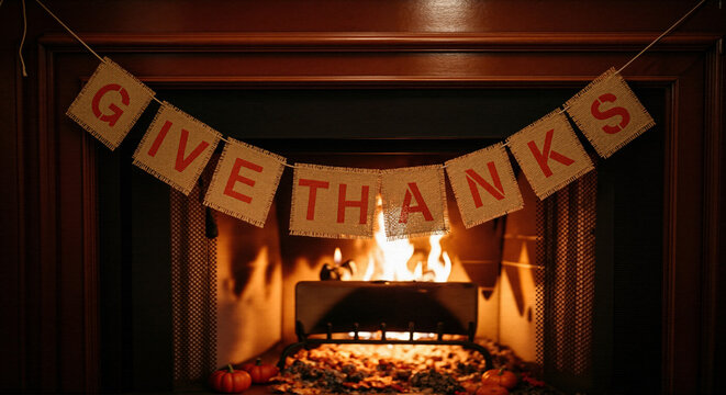 Thanksgiving give thanks banner hanging on fireplace with warm fire - Powered by Adobe