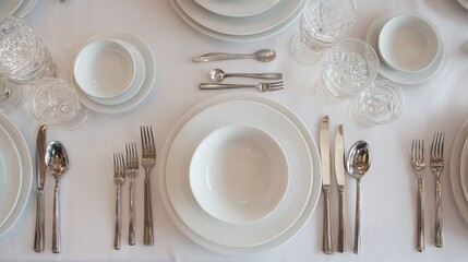 Elegant Table Setting - White Plates, Silverware, and Crystal Glasses for Formal Dining.