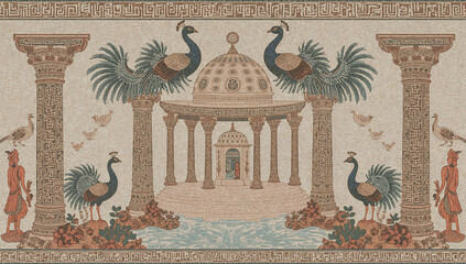 Zulu ethnic art with ancient glyphs, carved pillars, and a peacock-adorned dome set in a serene zen garden with pastel silver tones.
