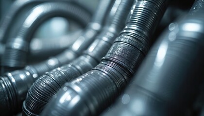 Fototapeta premium Close-up texture of shiny corrugated metal pipes, industrial background. Various tubing segments in shades of grey with metallic sheen. Shows intricate ribbed surface details.