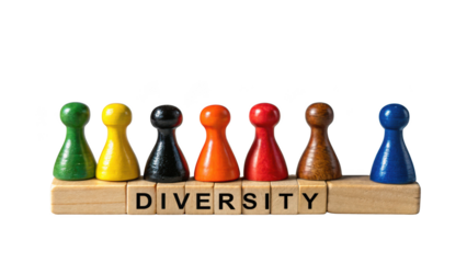 Colorful pawn game pieces representing diversity on wooden blocks with the word diversity isolated on transparent background