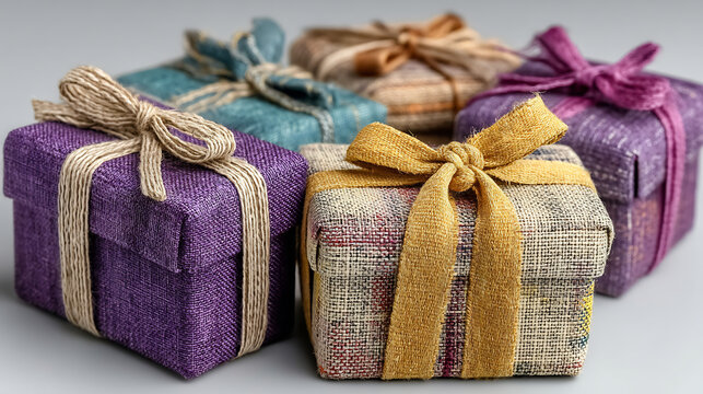 Set of five colorful purple gift boxes ribbons space for personalized writing perfect for birthdays weddings anniversaries or celebrations on white background