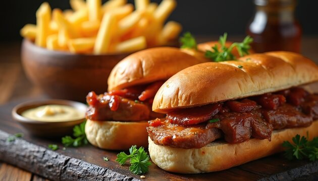 Two delicious bifanas with marinated pork meat served in soft bread sandwiches. Tender pork slices with savoury sauce, fresh herbs accompany crispy french fries, mustard dip. Comfort food, perfect