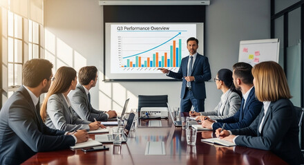 Business meeting presentation with growth chart and executives discussing strategy in a modern boardroom