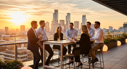 Professionals on a modern rooftop terrace at sunset, enjoying drinks and lively conversation with a stunning city skyline, embodying successful urban networking