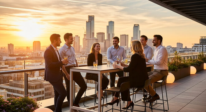 Professionals on a modern rooftop terrace at sunset, enjoying drinks and lively conversation with a stunning city skyline, embodying successful urban networking