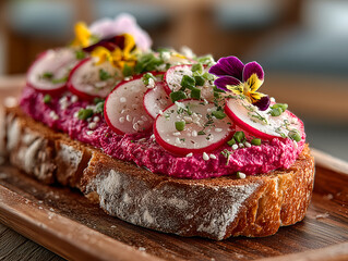 open-faced sandwich with roasted beet hummus