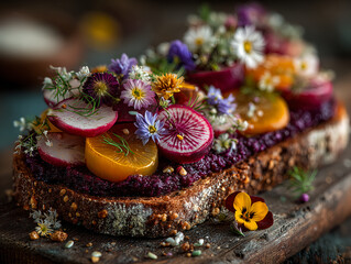 open-faced sandwich with roasted beet hummus