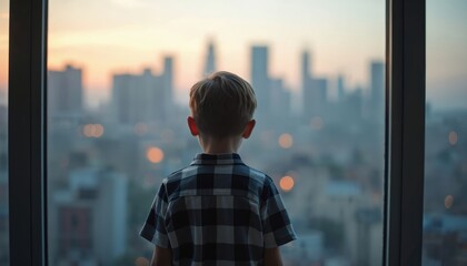Back view of sad teenage boy looking out window at city skyline at sunset. Orphaned child waits for adoption, feeling lonely, longing for family. Pensive mood, childhood problems, social isolation,