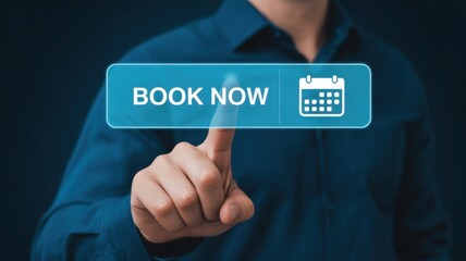 Digital Booking: A close-up shot of a person's finger poised to click the book now button on a digital interface, symbolizing ease of access and instant booking for services and appointments.