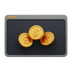 Golden dollar coins displayed in a stylized digital interface window representing online finance and digital currency concept symbolizing wealth accumulation Tansparent Background