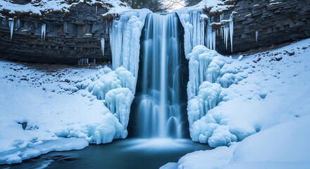 A scenic waterfall cascading down rocks covered in snow and ice formations in winter scenery ai generated