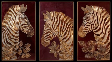 Elegant triptych artwork featuring stylized golden zebras on a deep red background
