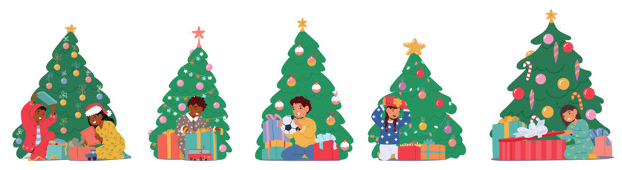 Kids opening wrapped Christmas gift boxes while sitting under decorated Xmas fir tree isolated set