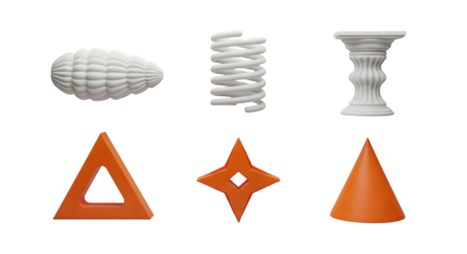 Collection of six 3d geometric shapes including cloud star cone triangle spring and vase isolated Tansparent Background