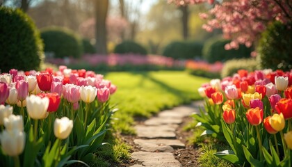 Vibrant spring garden bursts with colorful tulips in bloom. Red, pink, white, yellow flowers line stone path through green grass. Sunlight dapples picturesque landscape, creating cheerful, peaceful