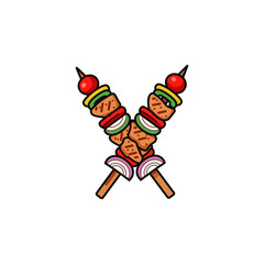 Crossed grilled shish kebab on skewers stick icon flat vector design.