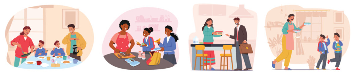 Happy family everyday morning routine isolated cartoon scene set with couple, parents and children