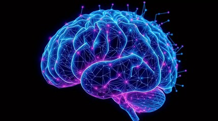 high quality png isolated on transparent background of electric blue brain formed by luminous filaments and dotted network highlighting signal transmission and digital neural topology