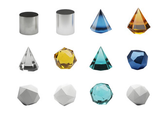 Collection of 3d geometric crystal shapes and forms rendered with stunning iridescent and translucent materials on a dark void Tansparent Background