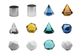 Collection of 3d geometric crystal shapes and forms rendered with stunning iridescent and translucent materials on a dark void Tansparent Background