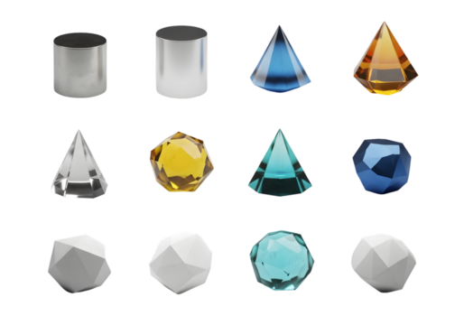 Collection of 3d geometric crystal shapes and forms rendered with stunning iridescent and translucent materials on a dark void Tansparent Background - Powered by Adobe