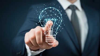 Innovative Ideas: A well-dressed individual pointing toward a glowing light bulb, symbolizing creativity and the spark of new ideas. The image conveys the essence of innovation, thought.