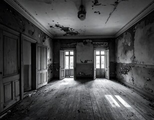 Interior of a derelict mansion, showing peeling paint and shattered plaster