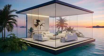 Obraz premium Modern ocean villa glass house architecture design luxury home interior design tropical island paradise view