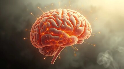 high quality png isolated on transparent background of realistic orange glowing brain with highlighted neural nodes and warm luminous accents illustrating active cognition and neural signaling