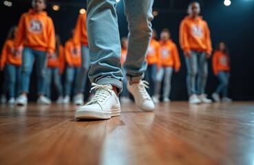 Low angle shot of dancer feet in white sneakers on wooden dance floor during hip hop rehearsal. Group of young performers in orange hoodies, jeans behind. Energetic movement, choreography in studio.