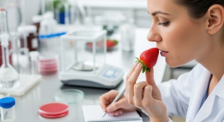 Close medium shot of a specialist tasting fresh strawberries to assess flavor profiles in a controlled variety testing environment.