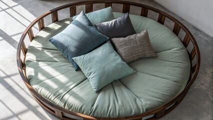 Elegant round couch with soft pillows inviting relaxation in a modern living space for peaceful meditation