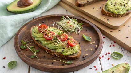 Enjoy vibrant avocado toast topped with fresh tomatoes and sprouts, a healthy and delicious snack
