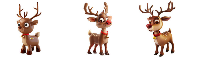 Three cute cartoon reindeer with antlers and red collars, isolated on transparent background