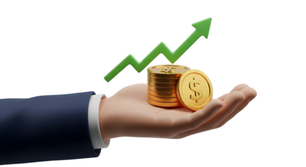 Hand holding golden bitcoins and rising stock market graph illustrating cryptocurrency investment growth and financial success concept Tansparent Background
