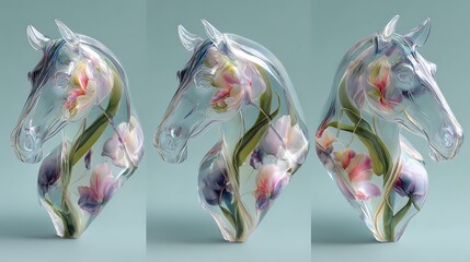 Three translucent horse head sculptures filled with colorful flowers and greenery displayed in a row