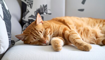 Orange tabby cat sleeping on a couch