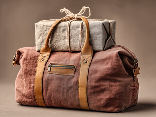 brown leather bag with gift