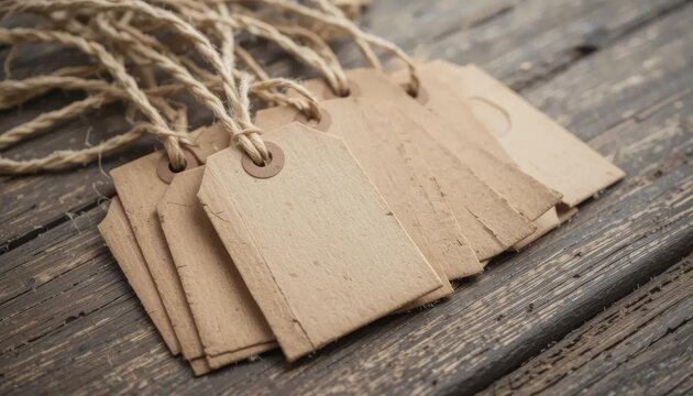 A collection of blank, light brown paper tags with twine, arranged on a weathered wooden surface.