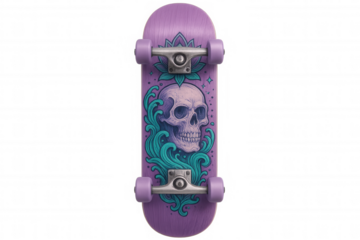 Skateboard featuring skull and wave graphic, purple color scheme, transparent backdrop highlighting edgy urban design