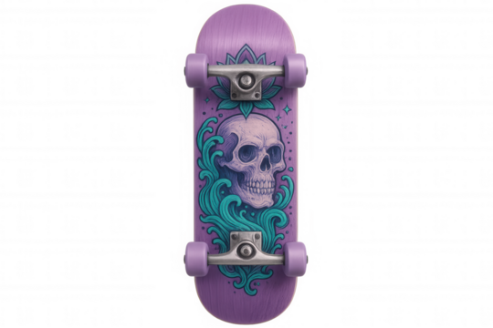 Skateboard featuring skull and wave graphic, purple color scheme, transparent backdrop highlighting edgy urban design