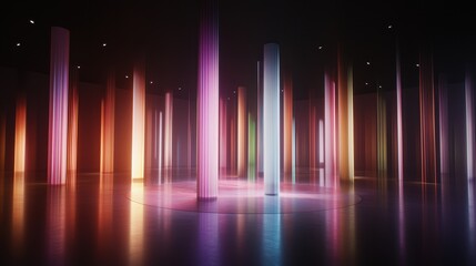 A vibrant, illuminated space featuring tall, colorful pillars that create a mesmerizing atmosphere, blending light with shadows in a modern setting.