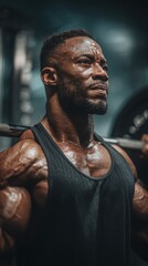 Obraz premium A determined muscular man in a gym, lifting weights with intense focus and sweat.