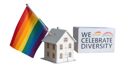 Rainbow pride flag and a small white house with a sign that says we celebrate diversity, isolated on transparent background