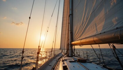 Sailboat sailing on the ocean at sunset, with the sun shining through the sails.