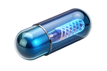 Transparent Medical Capsule with Glowing Blue Helix Inside pill drug cutout png AI isolated on a transparent background